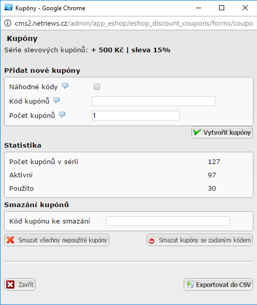 slevové kupóny - přidávání, smazání, export