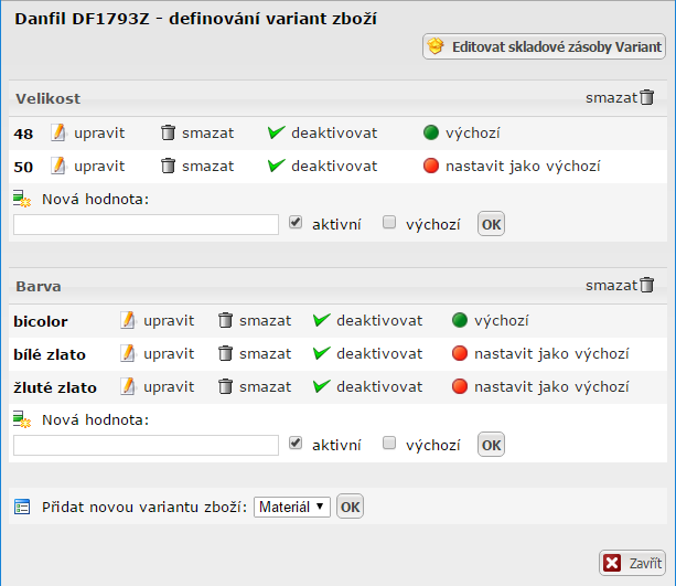 Definování variant zboží