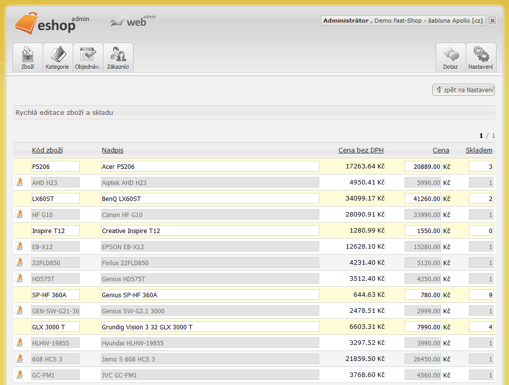 Sklad - admin - rychlá editace