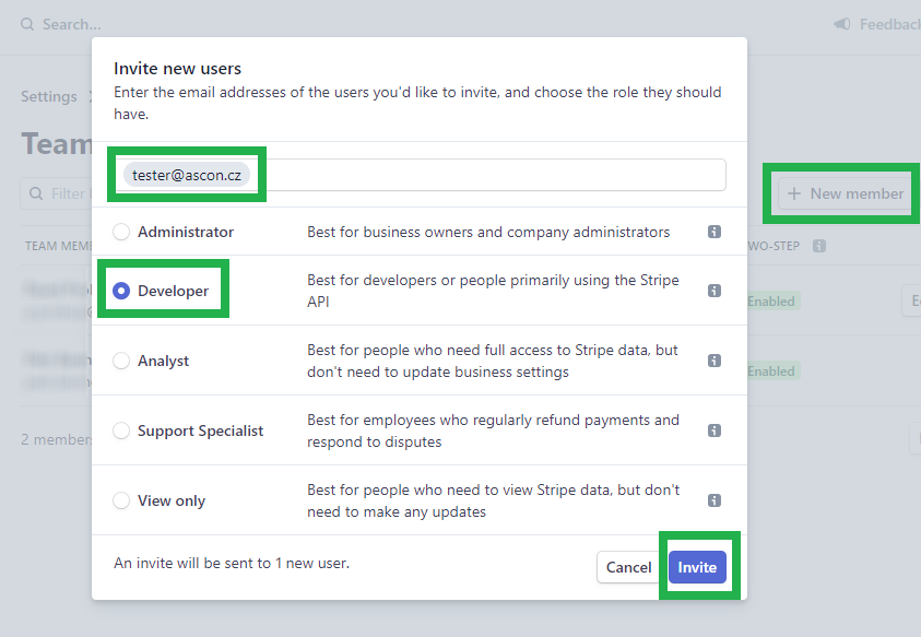 Stripe - přidání účtu developer