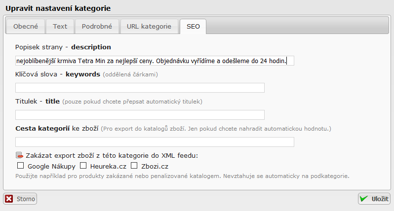 SEO eshop - kategorie zboží